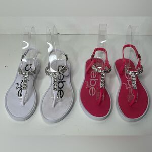 Bebe Girls Pink and White Thong Sandals With‎ Rhinestones Lot of 2 Girls Medium